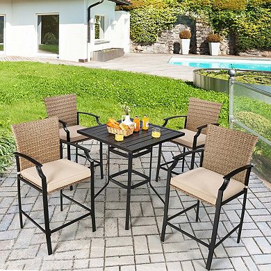 Set of 4 Rattan Bar Stools with Cushions and Footrest