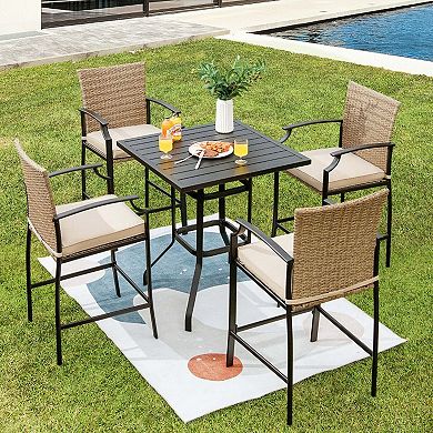 Set of 4 Rattan Bar Stools with Cushions and Footrest