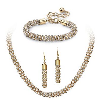 Crystal Rope Necklace, Bracelet and Drop Earrings Set in Goldtone