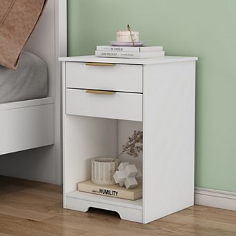 2-Drawer Nightstand with Open Shelf, Modern Gold Handle Side Table for Bedroom, Living Room