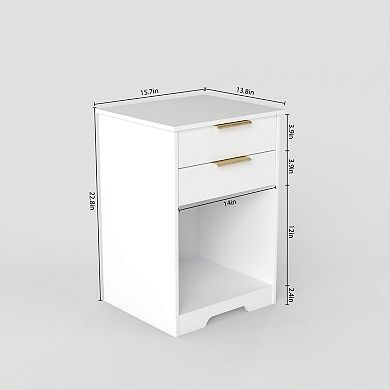 2-Drawer Nightstand with Open Shelf, Modern Gold Handle Side Table for Bedroom, Living Room
