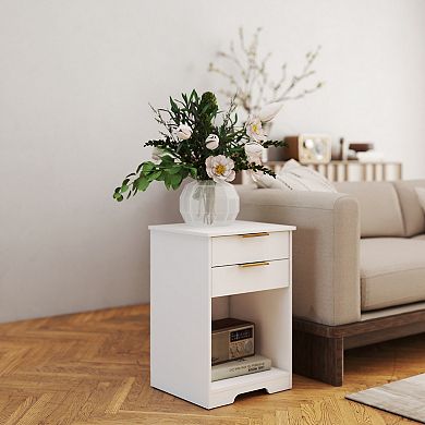 2-Drawer Nightstand with Open Shelf, Modern Gold Handle Side Table for Bedroom, Living Room