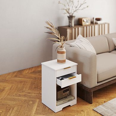 2-Drawer Nightstand with Open Shelf, Modern Gold Handle Side Table for Bedroom, Living Room