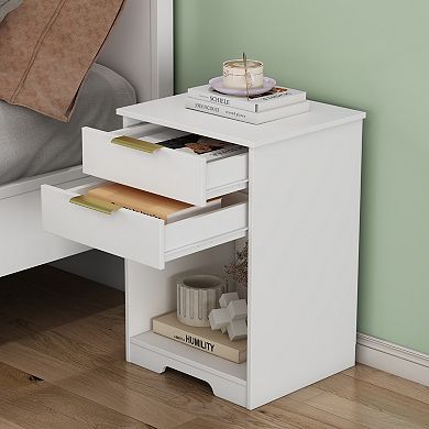 2-Drawer Nightstand with Open Shelf, Modern Gold Handle Side Table for Bedroom, Living Room