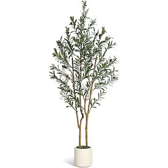 5FT faux olive tree, silk leaves, white planter, for home/office.