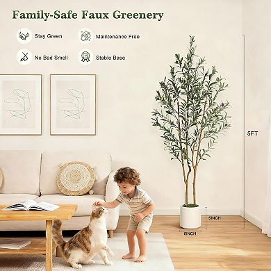 5FT faux olive tree, silk leaves, white planter, for home/office.