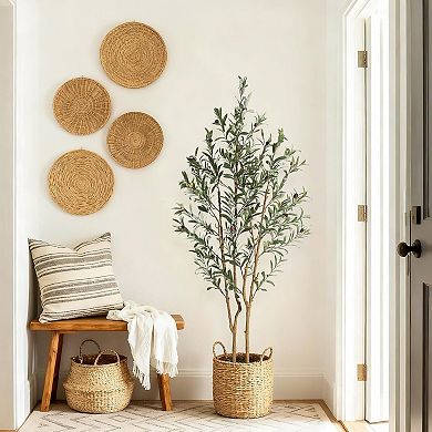 5FT faux olive tree, silk leaves, white planter, for home/office.