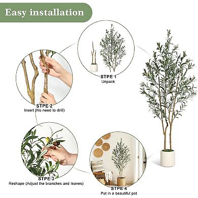 5FT faux olive tree, silk leaves, white planter, for home/office.