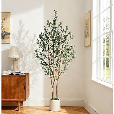 5FT faux olive tree, silk leaves, white planter, for home/office.
