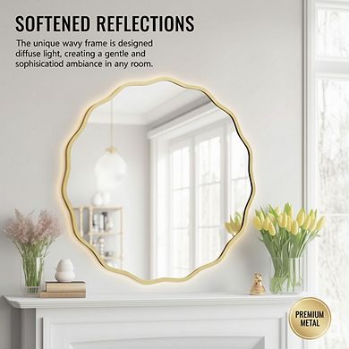 28 Inch Gold Round Wavy Mirror, Aluminum Frame for Bathroom Living Room Decor