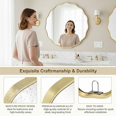 28 Inch Gold Round Wavy Mirror, Aluminum Frame for Bathroom Living Room Decor