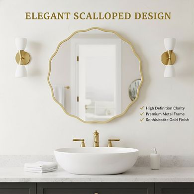 28 Inch Gold Round Wavy Mirror, Aluminum Frame for Bathroom Living Room Decor