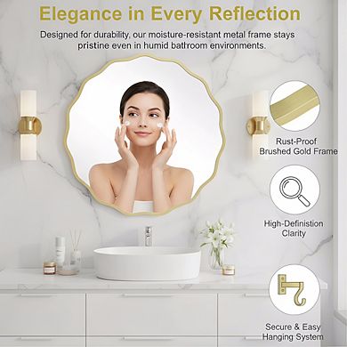 28 Inch Gold Round Wavy Mirror, Aluminum Frame for Bathroom Living Room Decor