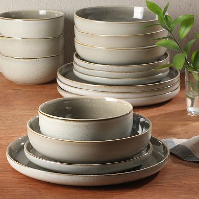 Gibson Elite Sunveil 16 Piece Plates and Bowls Reactive Glaze Round Dishes Stoneware Dinnerware Set