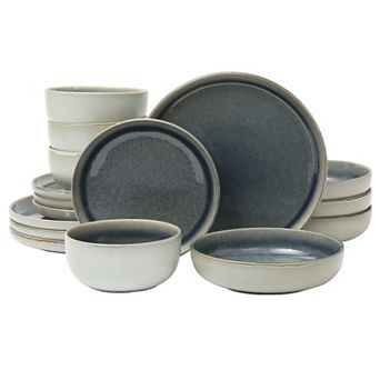 Gibson Elite Sunveil 16 pc Plates and Bowls Reactive Glaze Round Dishes Stoneware Dinnerware Set