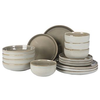 Gibson Elite Sunveil 16 pc Plates and Bowls Reactive Glaze Round Dishes Stoneware Dinnerware Set