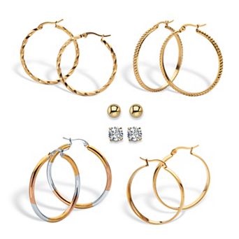 4 ct w. 6-Pair CZ Stud & Hoop Set Goldtone & Gold Ion Plated Stainless Steel