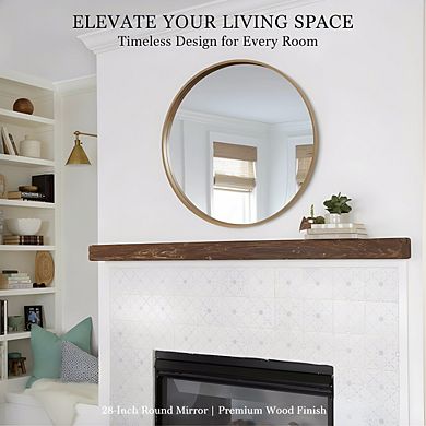 28 Inch Round Wood Mirror, Honey Finish for Bathroom Vanity or Entryway