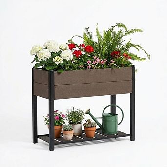 Raised Garden Bed 42.72x19.49x33.46 in HDPE Elevated Planter with Storage Shelf, Outdoor Patio