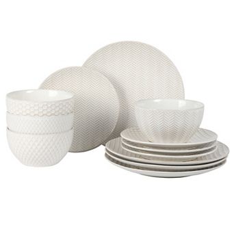 Gibson Elite Oyster Tide 12 pc Reactive Glaze Dinnerware Set White