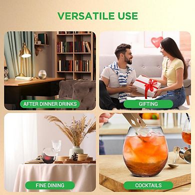 NutriChef Stemless Wine Glasses, 15oz, Hand Blown, Dishwasher Safe, Gift Set for Wine Lovers