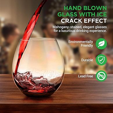 NutriChef Stemless Wine Glasses, 15oz, Hand Blown, Dishwasher Safe, Gift Set for Wine Lovers