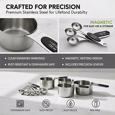 Magnetic Stainless Steel Measuring Set 15-Piece with Leveler, Fits Spice Jars Black