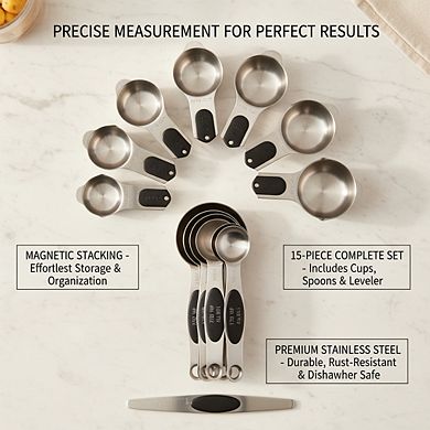Magnetic Stainless Steel Measuring Set 15-Piece with Leveler, Fits Spice Jars Black