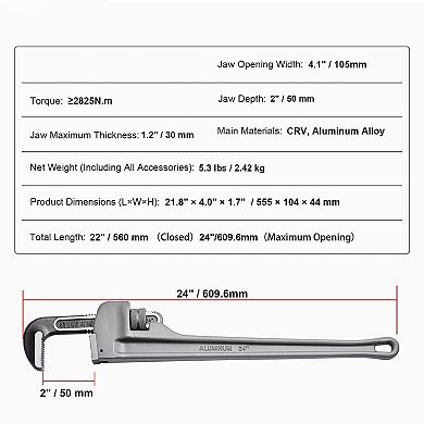 Aluminum Pipe Wrench with Heat-Treated Jaws for Plumbing and Mechanical Work
