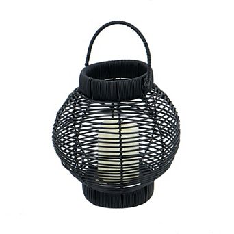 8.7"x8.7"x9.8" Black Poly Rattan Lantern with White LED Candle