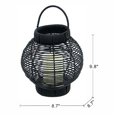 8.7"x8.7"x9.8" Black Poly Rattan Lantern with White LED Candle