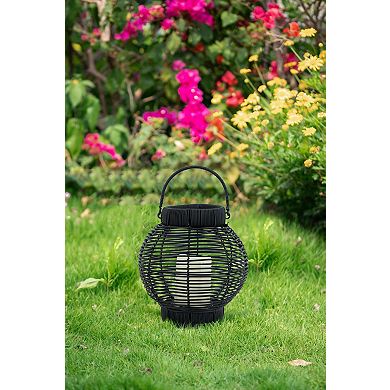 8.7"x8.7"x9.8" Black Poly Rattan Lantern with White LED Candle