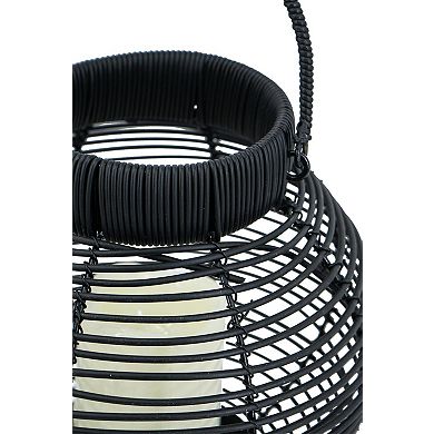8.7"x8.7"x9.8" Black Poly Rattan Lantern with White LED Candle