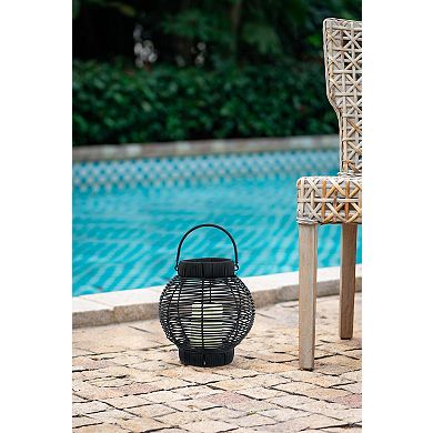 8.7"x8.7"x9.8" Black Poly Rattan Lantern with White LED Candle