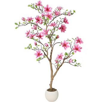 5ft faux magnolia, silk leaves, pink blooms, no-maintenance indoor plant.