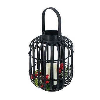 8.9"x8.9"x11.4" Black Bamboo Lantern with White LED Candle