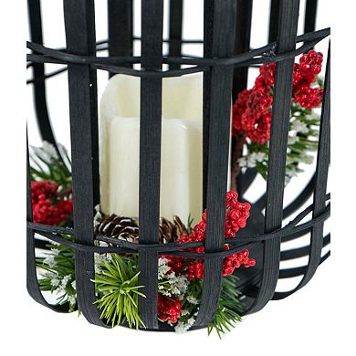 8.9"x8.9"x11.4" Black Bamboo Lantern with White LED Candle