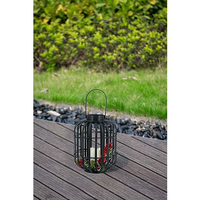 8.9"x8.9"x11.4" Black Bamboo Lantern with White LED Candle