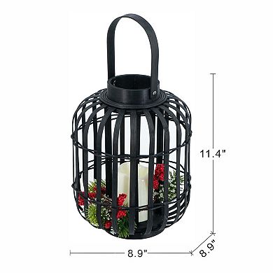 8.9"x8.9"x11.4" Black Bamboo Lantern with White LED Candle