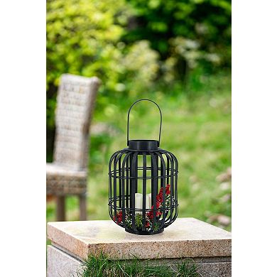 8.9"x8.9"x11.4" Black Bamboo Lantern with White LED Candle
