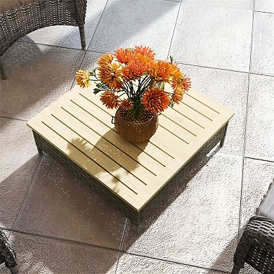 Outdoor Patio End Table with Fir Wood Top, PE Rattan Side Table - Grey or Natural