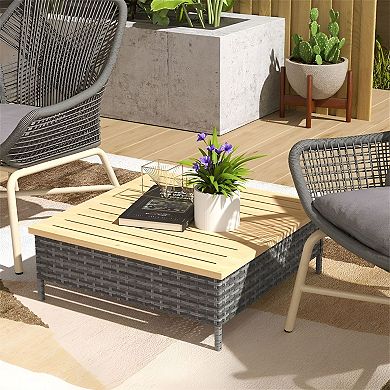 Outdoor Patio End Table with Fir Wood Top, PE Rattan Side Table - Grey or Natural