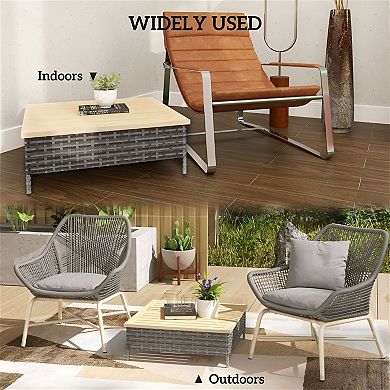 Outdoor Patio End Table with Fir Wood Top, PE Rattan Side Table - Grey or Natural