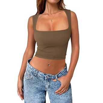 Zeagoo Women's  Square Neck Sleeveless Crop Tops Trendy Basic Ribbed Tank Tops
