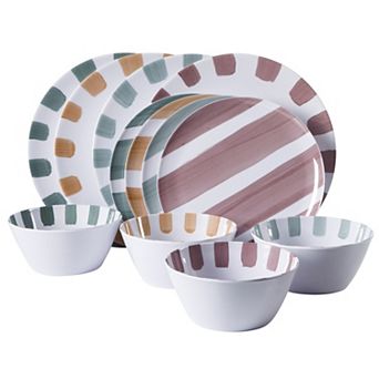 Gibson Home Cottage Stripes 12 pc Melamine Plates and Bowls Dinnerware Set Assorted Designs