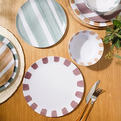 Gibson Home Cottage Stripes 12 Piece Melamine Plates and Bowls Dinnerware Set Assorted Designs