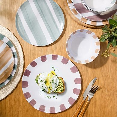 Gibson Home Cottage Stripes 12 Piece Melamine Plates and Bowls Dinnerware Set Assorted Designs