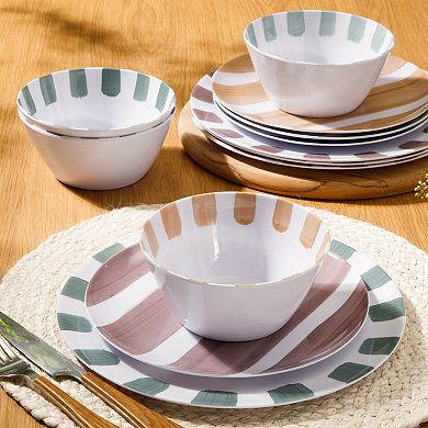 Gibson Home Cottage Stripes 12 Piece Melamine Plates and Bowls Dinnerware Set Assorted Designs