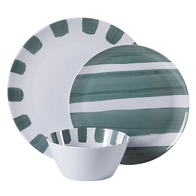Gibson Home Cottage Stripes 12 Piece Melamine Plates and Bowls Dinnerware Set Assorted Designs