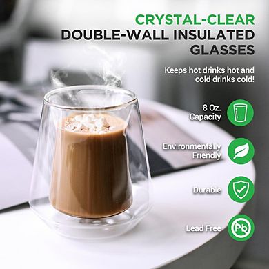 NutriChef Double Wall Insulated Glasses, 8oz, High Borosilicate, Clear Drinkware for Hot & Cold